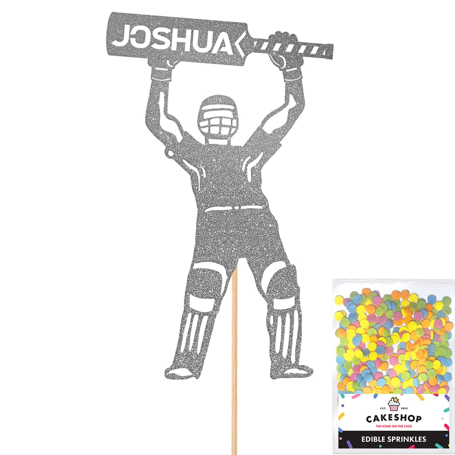 Personalised Cricket Batsmanl Glitter Cake Topper - Dark Silver Custom Name Glitter Cake Decoration and Sprinkles - Happy Birthday Decorations - Personalised Toppers for Cakes by Cakeshop