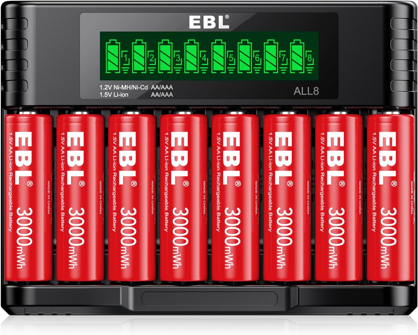 EBL 8 Pack Rechargeable Lithium AA Batteries, 1.5V AA Li-ion Batteries with 8 Slots Smart Lithium Rechargeable Battery Charger