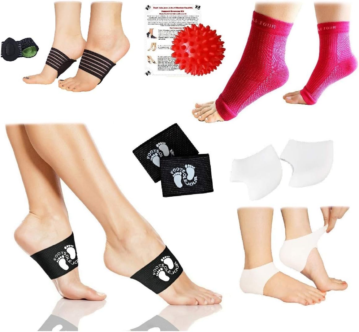 New Plantar Fasciitis Pain Relief & Recovery Kit - Foot Compression Sleeve, Copper Arch Compression Brace, Heel Protectors, Foot Massage Ball for Foot Pain Relief