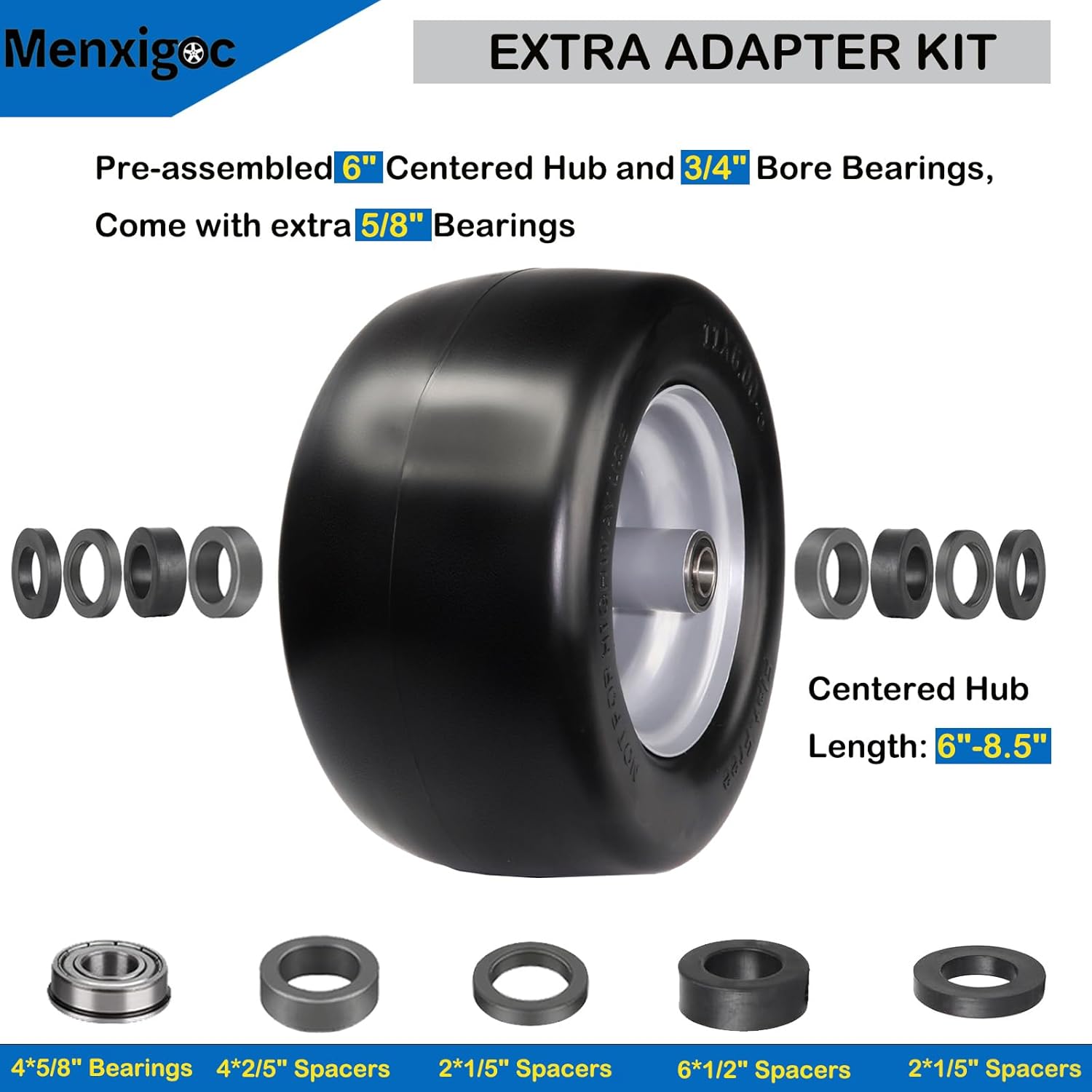 11x6.00-5 Flat Free Tires, 11x6.00-5 Lawn Mower Tires, 11x6-5 Lawn Mower Tires, with 3/4" & 5/8" & 1/2" Bearings, Centered Hub, Solid Smooth Tire for Bad Boy, 2 Pcs