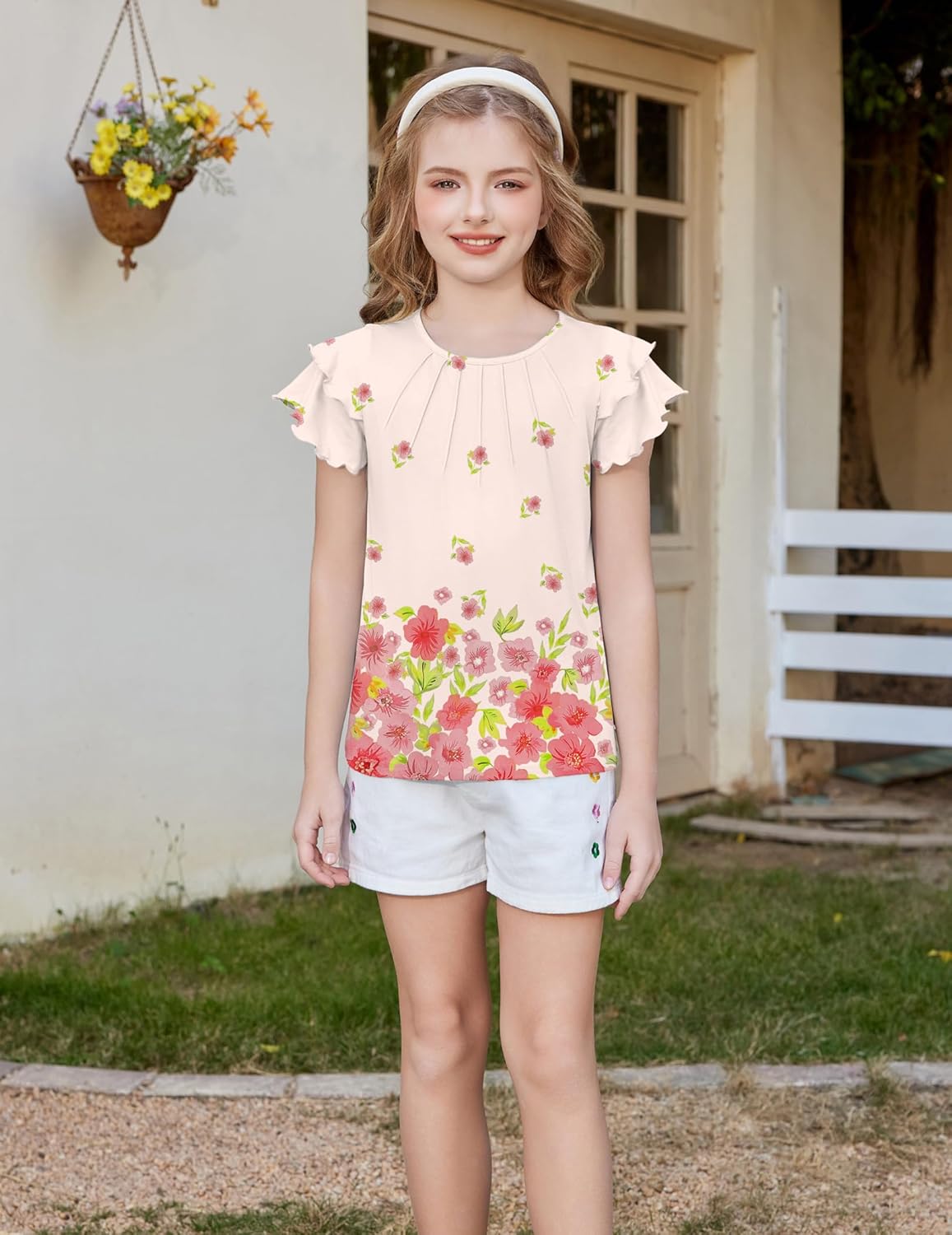 Arshiner Girls T Shirts Ruffle Short Sleeve Summer Pleated Crewneck Casual Tops Tees Blouses - Image 2