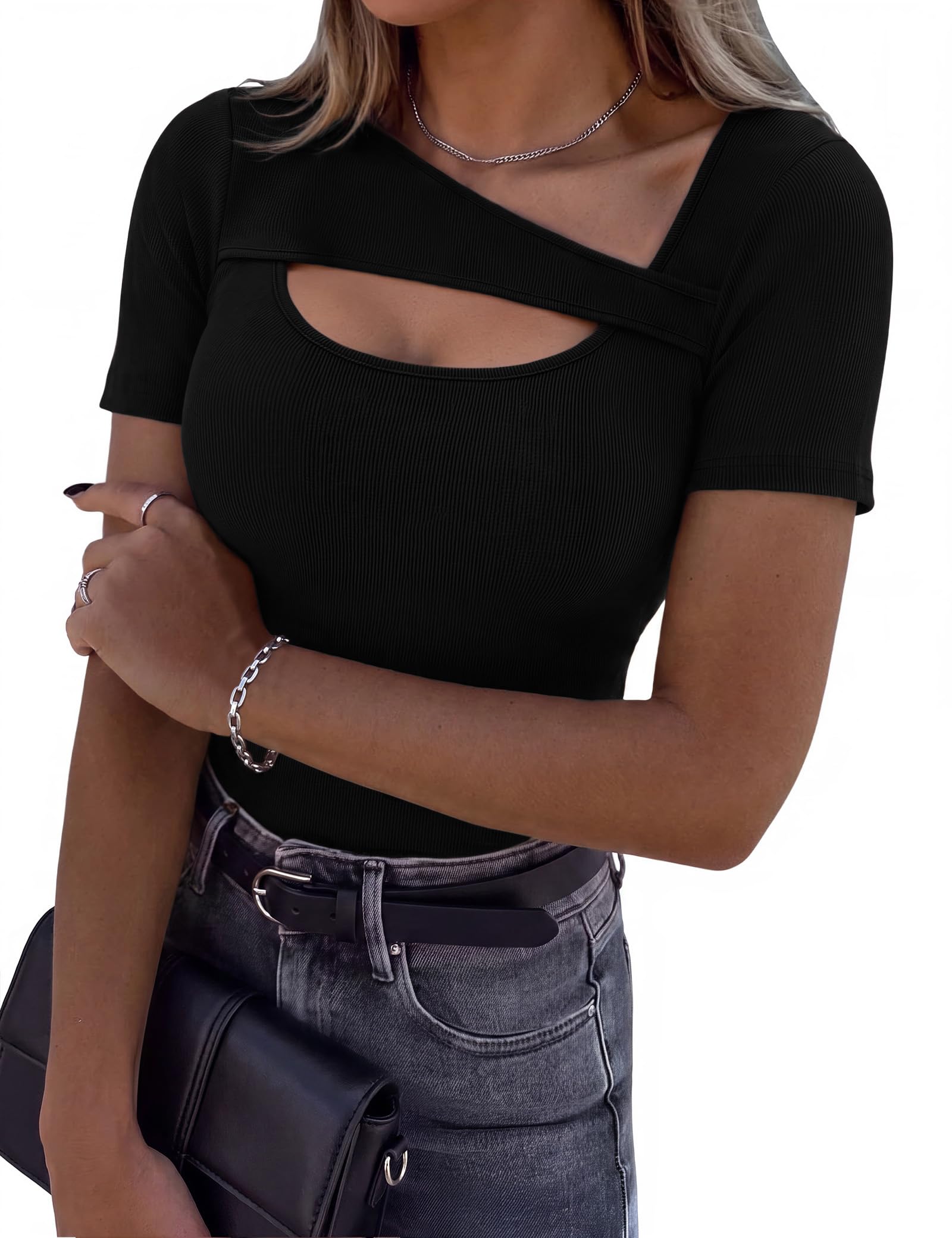Aottori Damen T-Shirt Asymmetrischer Ausschnitt Sommer Oberteile Kurzarm Gerippt Basic Tee Shirts Elegant Slim Fit Tshirt Stretch Casual Tops Einfarbig