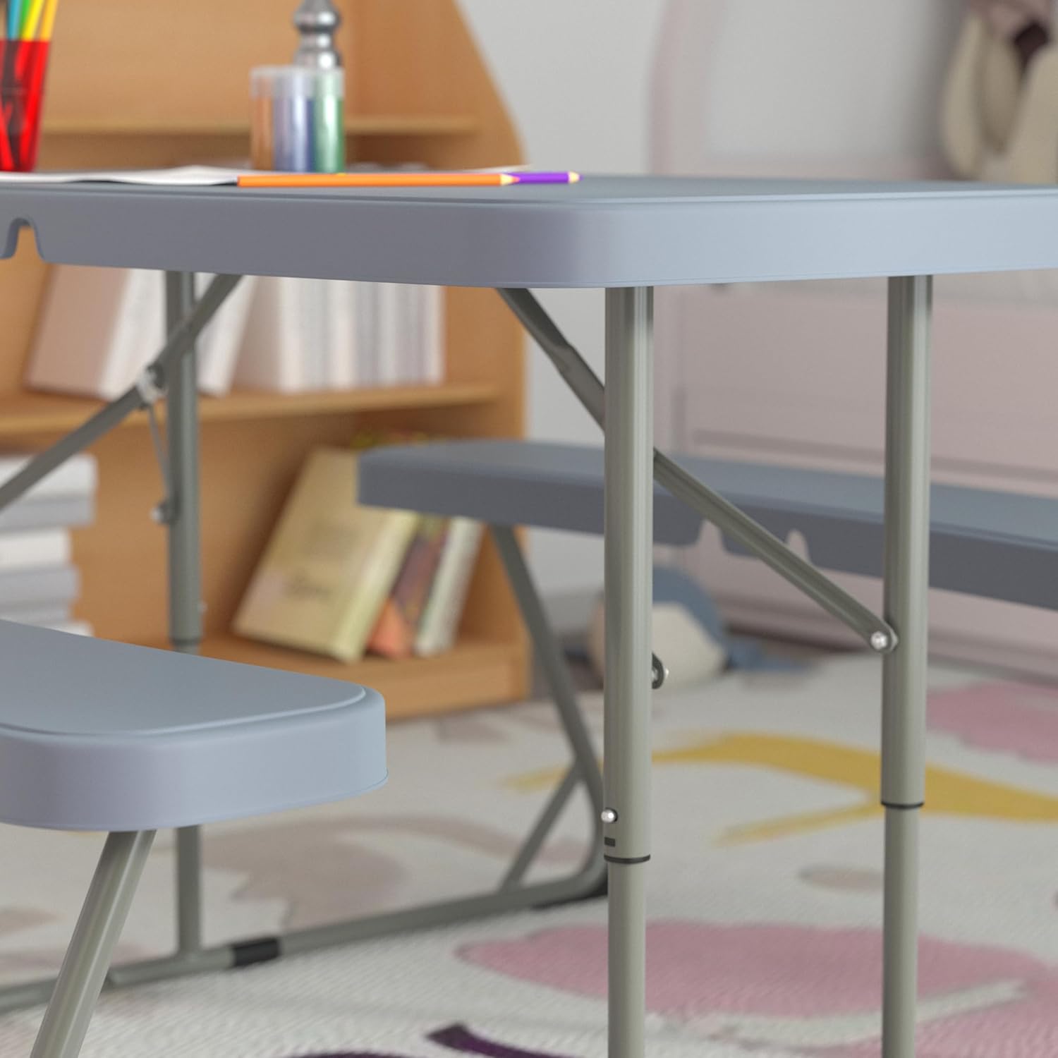 EMMA + OLIVER Aryka Kid's Folding Picnic Table with Benches - Waterproof - Stain & Impact Resistant - Folds Flat for Storage - Gray Plastic Tops - Gray Frame