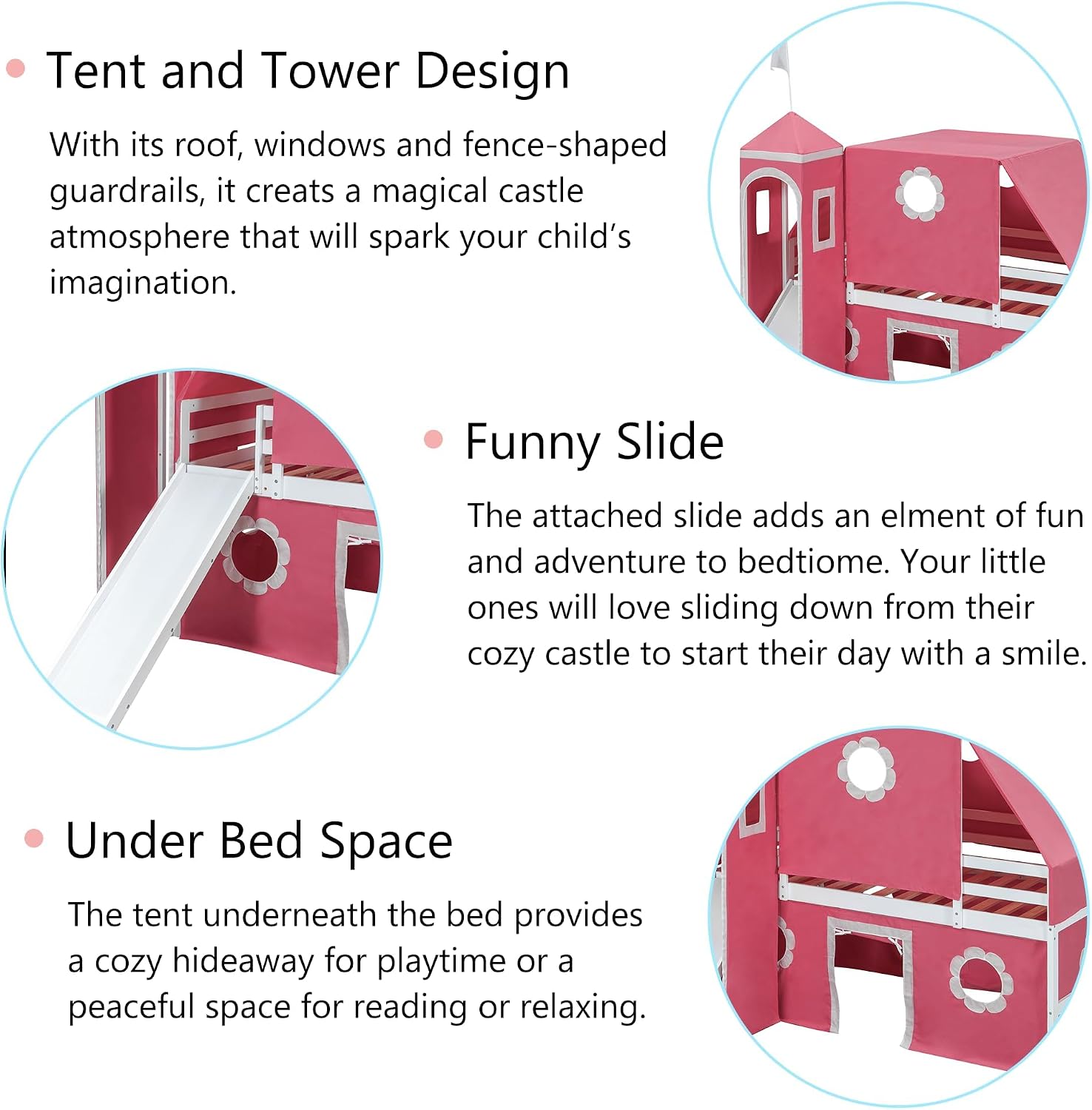 Polibi Castle Loft Bed features: tent, slide, under bed space