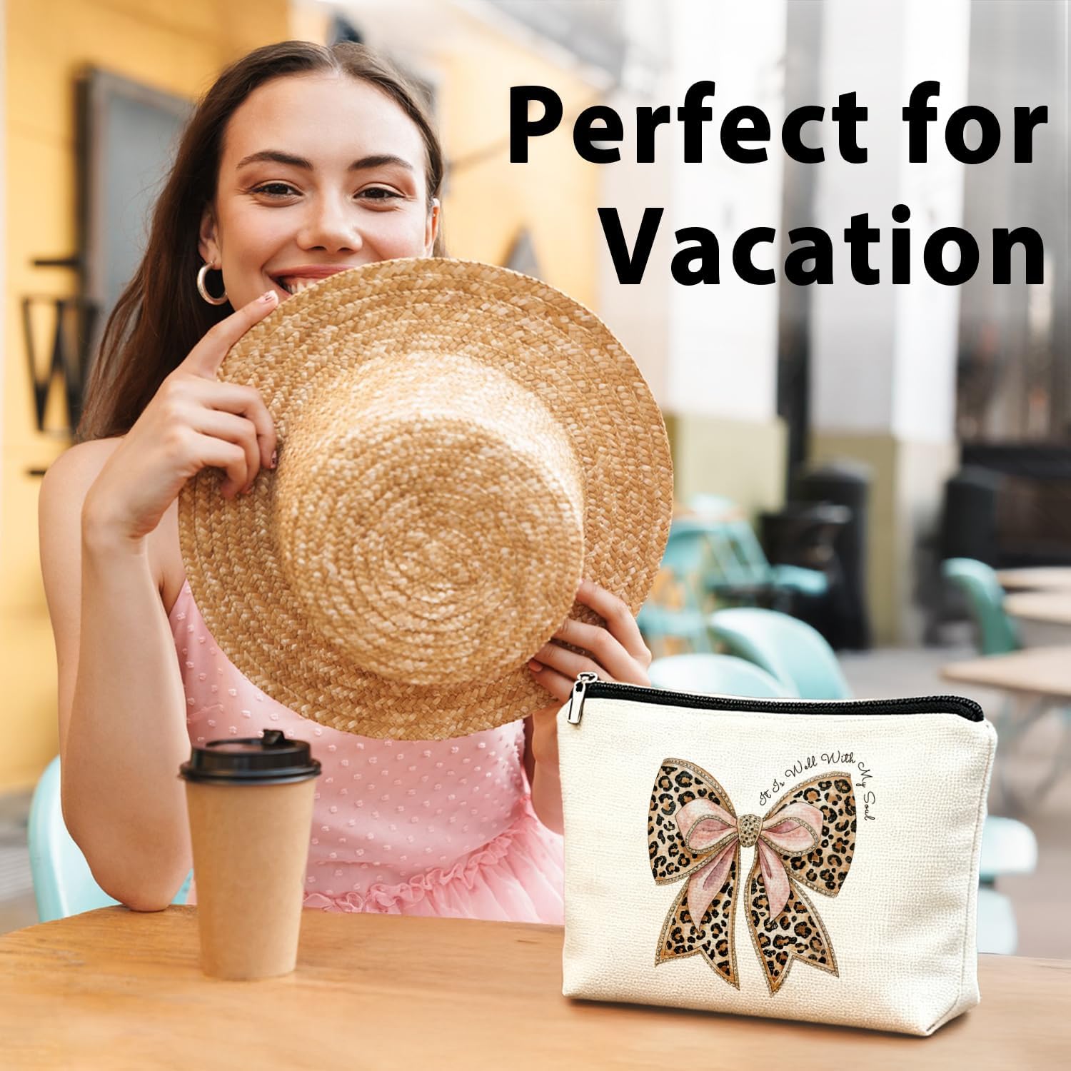 Coquette Leopard Print Bow Christian Makeup Bag, She Is Worthy Blue Girly Cosmetic Bags for Women, Christian Gifts for Women, Preppy Aesthetic Zipper Makeup Pouch - Image 4