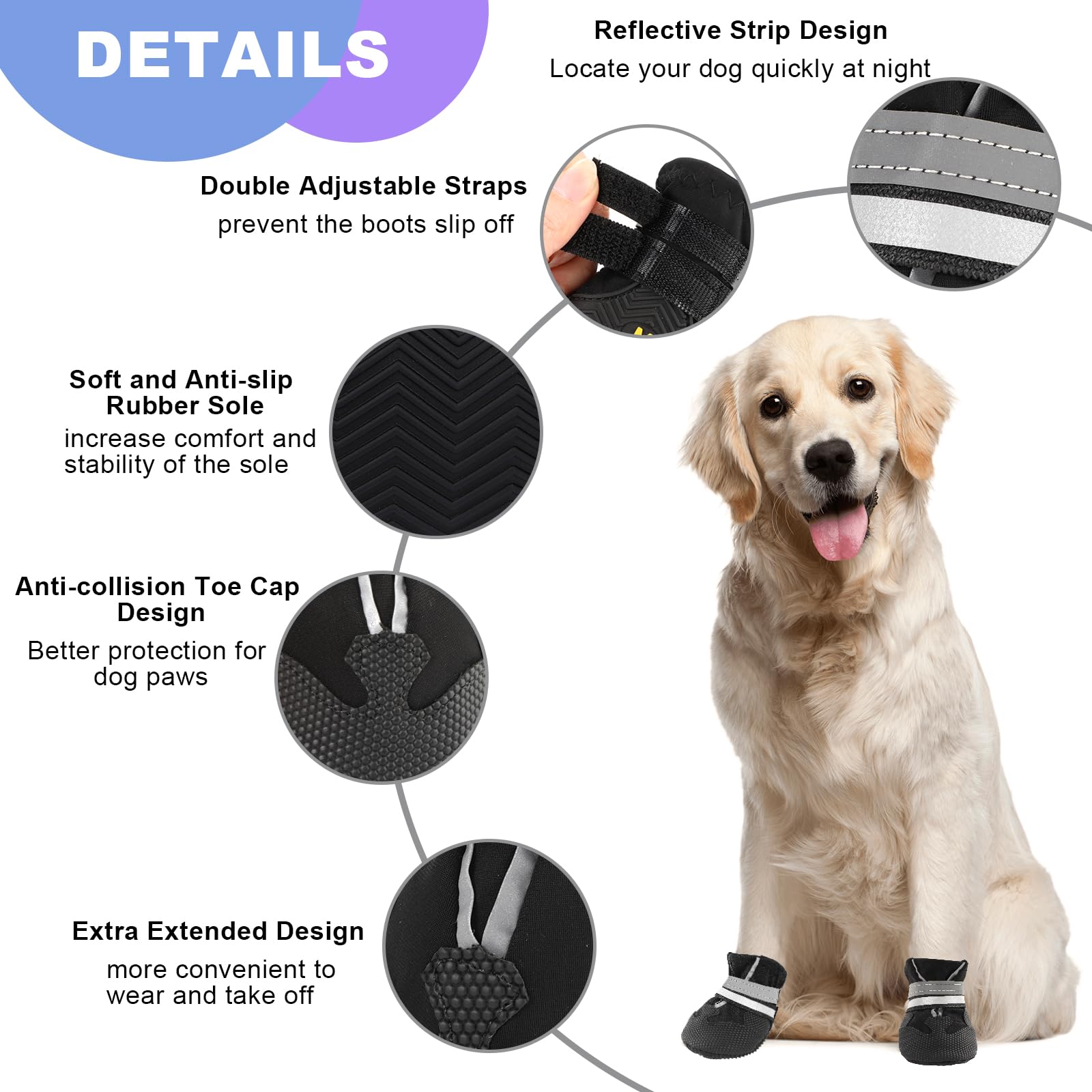 QKURT 4 Pieces Dog Boots Paw Protector, Waterproof Dog Shoes with Reflective Straps, Adjustable Washable Non-Slip - Image 3