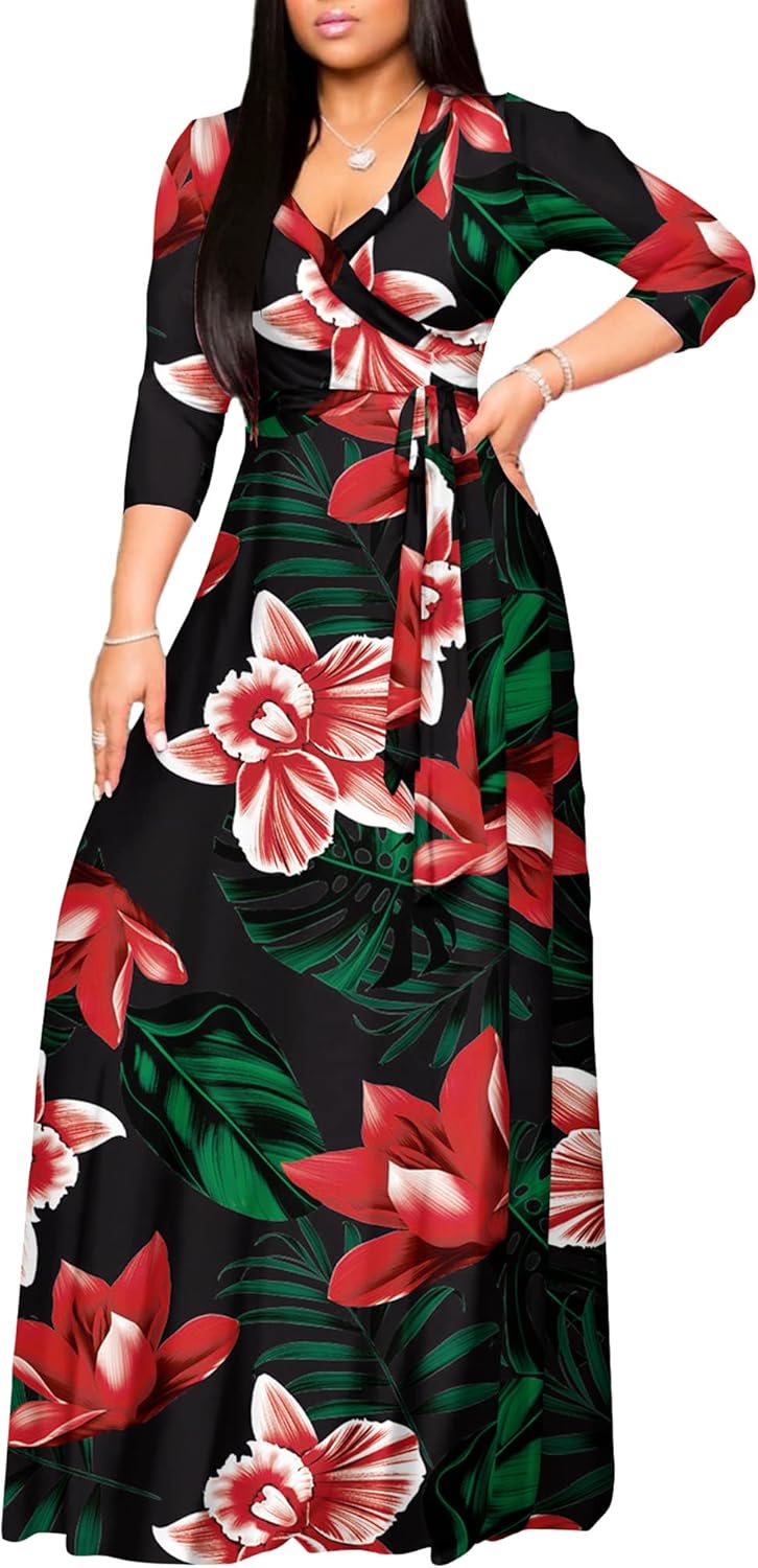 AOMONI Women's Floral Print Maxi Dresses Summer with Pockets Casual 3 4 Sleeve V-Neck Wrap Tie Waist Long Dress, M-3XL - Image 2