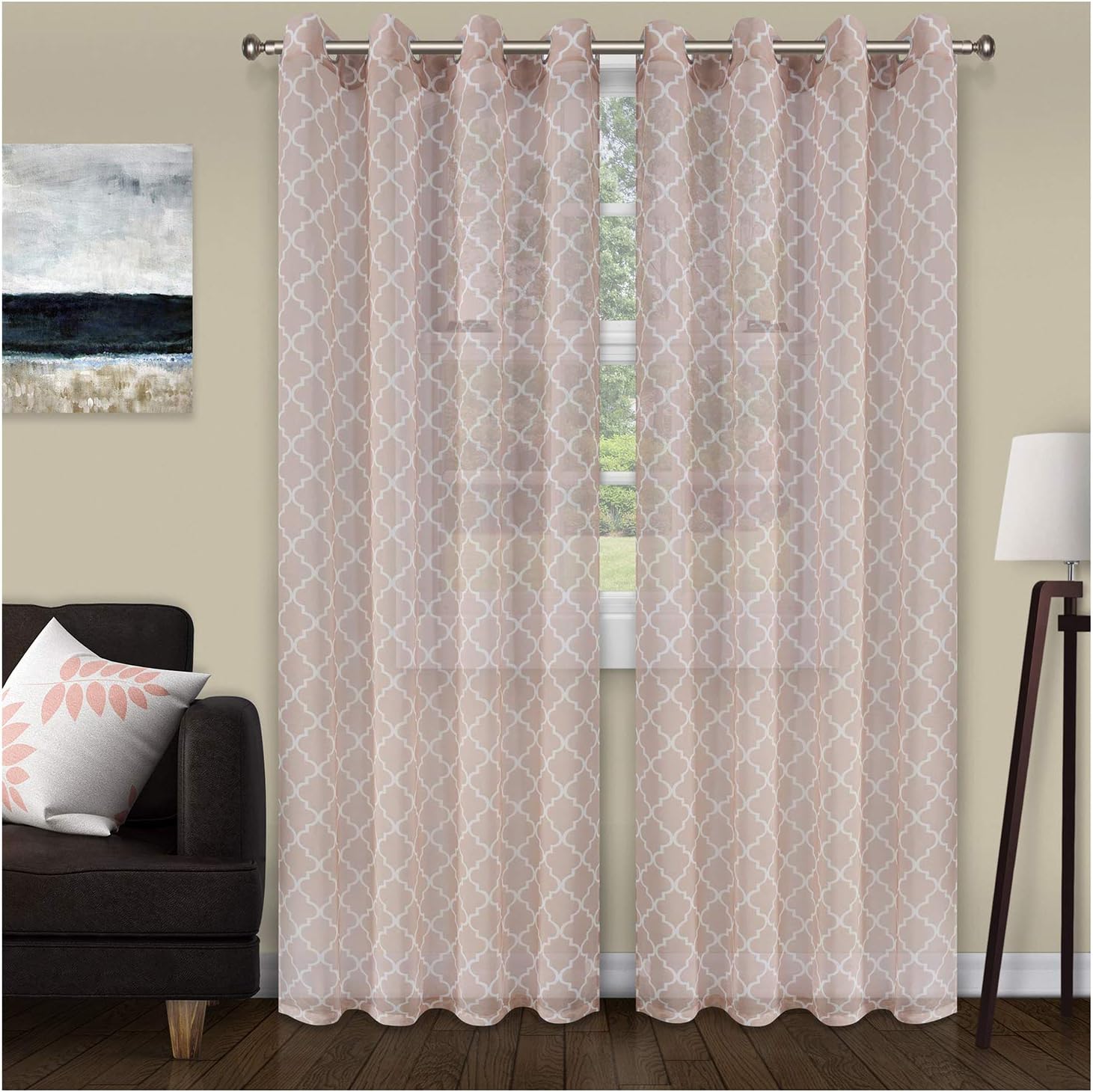 Superior Westview Geometric Jacquard Curtains, Window Accents, Geometric, Diamond Trellis with Grommets, Modern, Transitional, Farmhouse, Rustic, Curtain Set of 2 Panels, 52" X 108", White