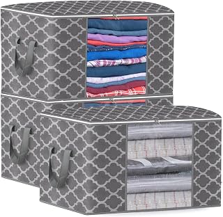 Large Clothes Storage Bag, 3-Pack Foldable Storage Bin Closet Organizer with Reinforced Handle Sturdy Fabric Clear Window Double Zipper for Comforter, Blanket, Clothing, Bedding and Toys