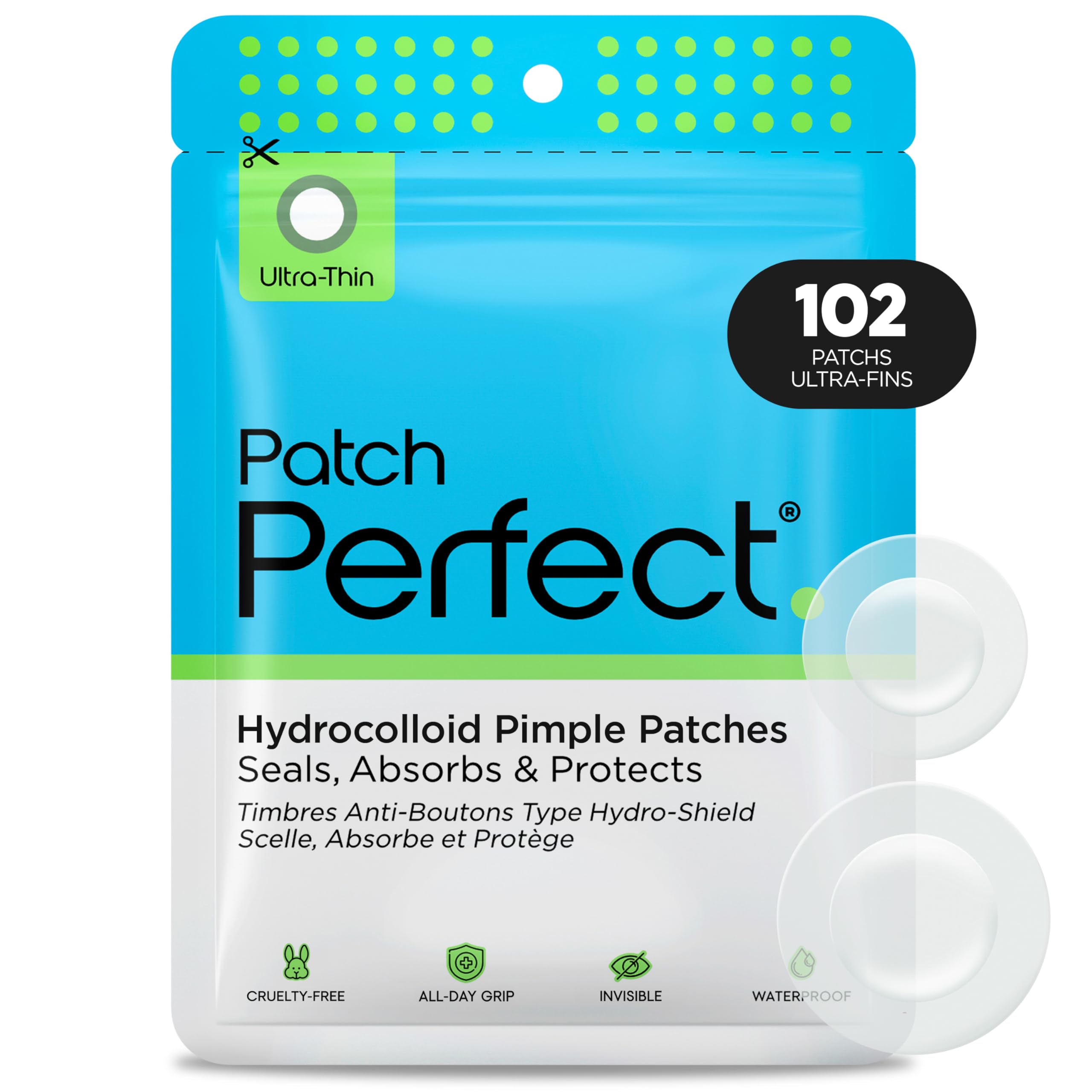 Patch Boutons (102 Unités) Pimple Patch en Hydrocolloïde Coréen, Absorbe les Impuretés, Utilisation de Jour et de Nuit, Invisibles Anti-Acné Bouton, Végétalien (2 Tailles)
