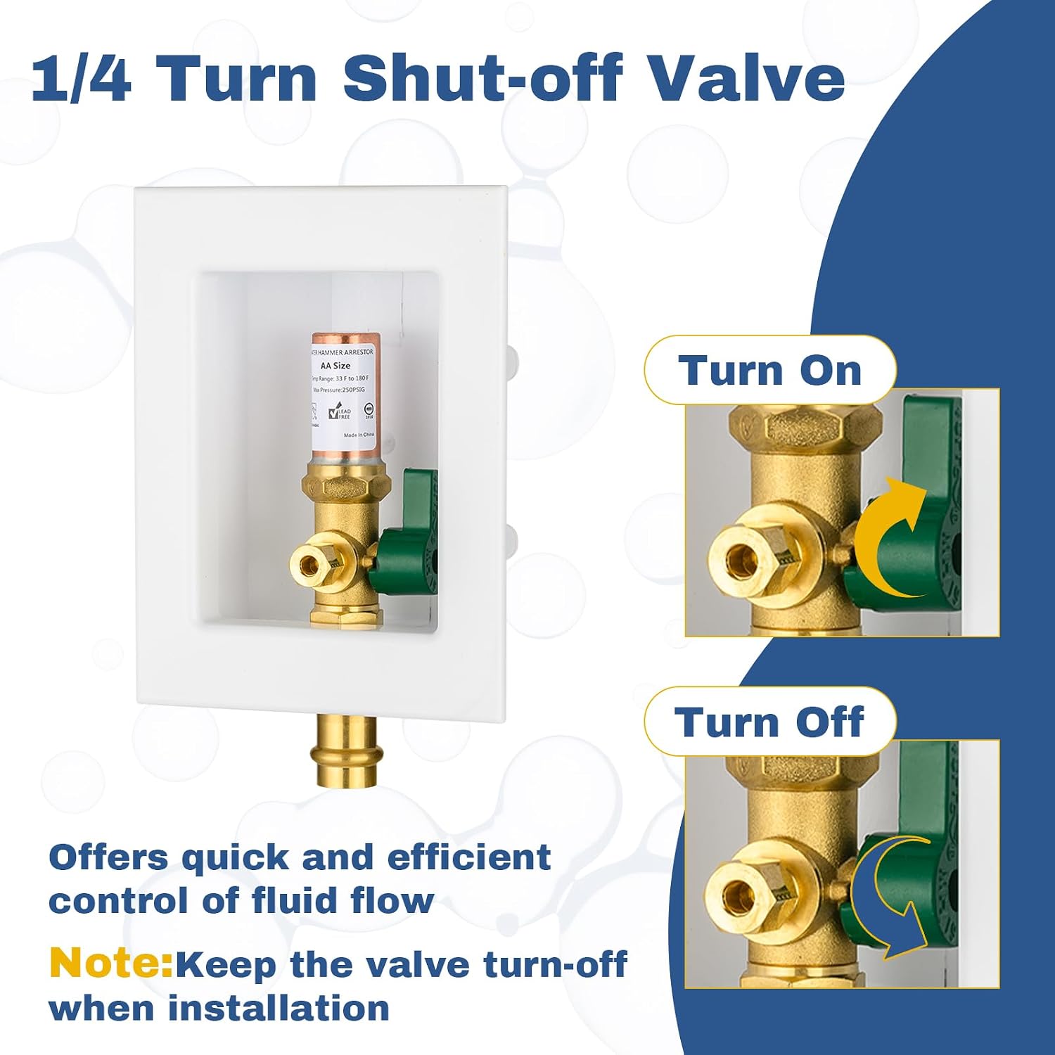 1-PACK GUOFIS Icemaker Outlet Box with 1/2" Copper Press Inlet Connect, Ice Maker Box with Pre-installed 1/4-Turn Ball Valve(Copper Hammer Arrestor)(IM041)