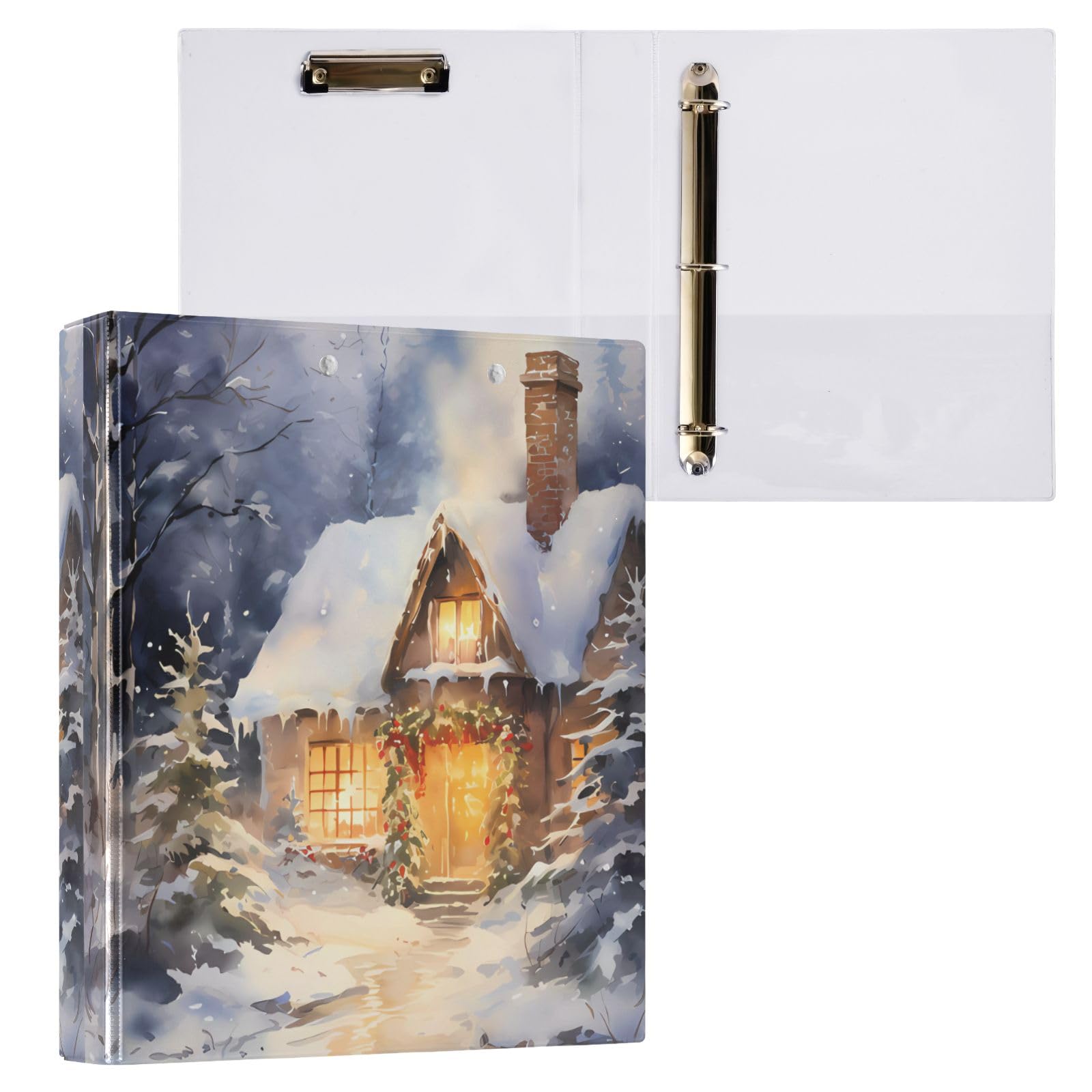 Raccoglitore a 3 anelli Winter Snow Cabin, 3,8 cm, rotondo, contiene 200 fogli con 3 tasche interne in PVC trasparente, per scuola e ufficio