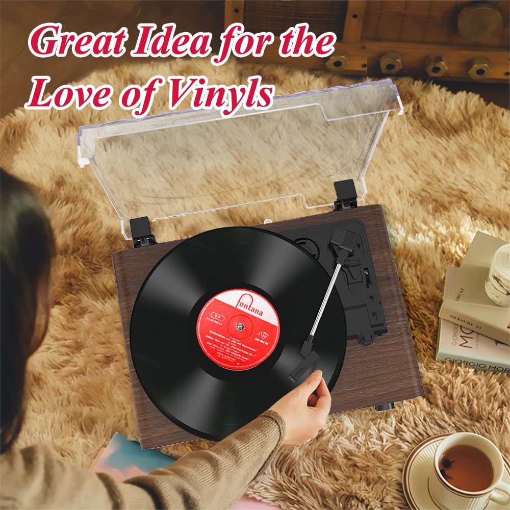Udreamer Plattenspieler mit Lautsprecher Bluetooth Plattenspieler Vintage Vinyl Player Unterstützt USB AUX-Eingang Kopfhörer RCA Line-Out 3 Geschwindigkeiten Riemenantrieb Spiegeldesign Nussbaum