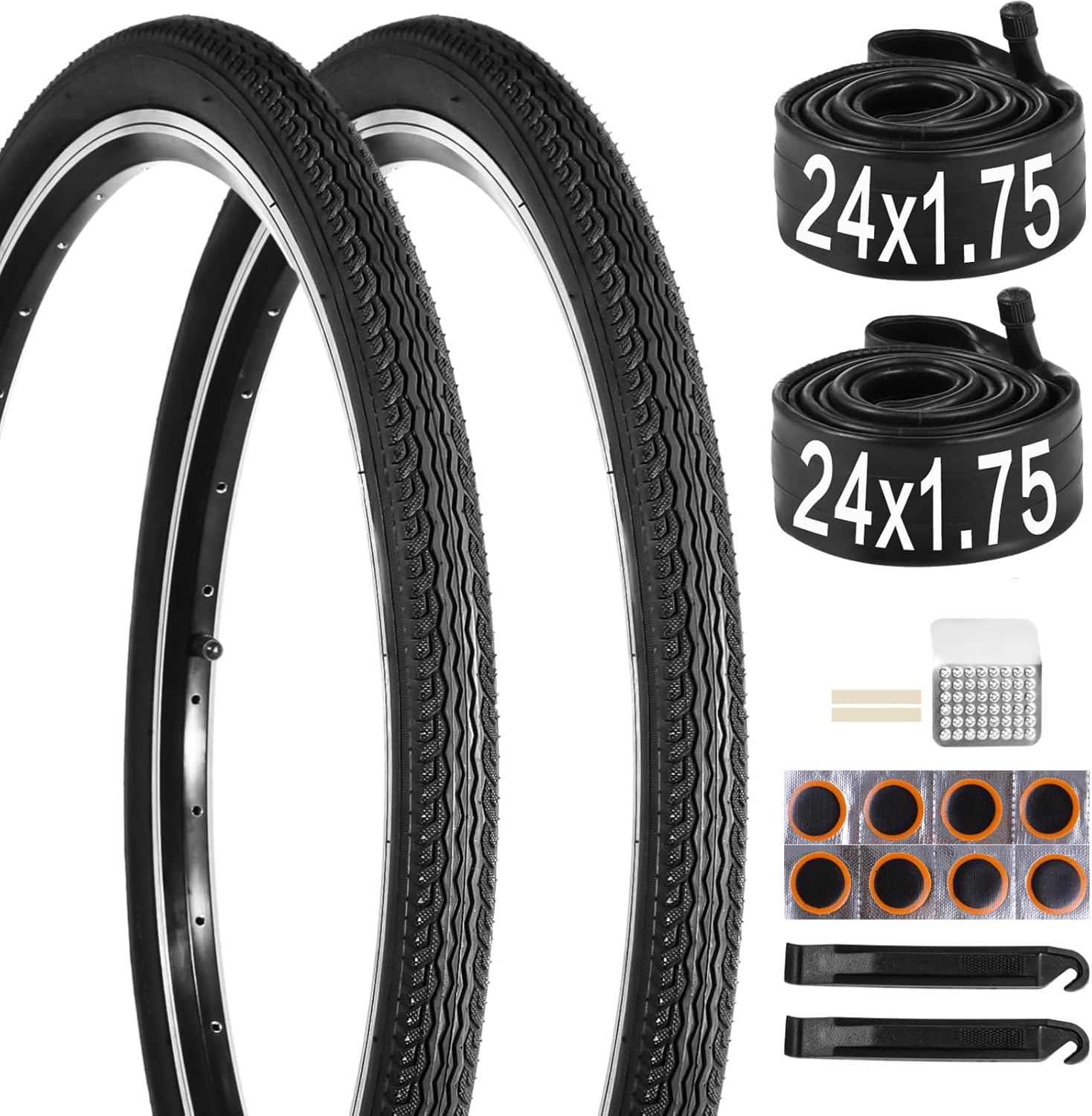 2 Pack 24x1.75 Bicycle Tire and 24x1.5-1.75” Bike Tubes,24 Inch Bike Tire with Repair Kit, 24 x 1.75Mountain Bike Tire Replacement Set,24 MTB Tires