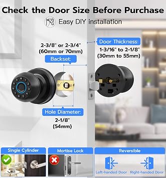 Anweller Smart Door Knob with Lock, Fingerprint Code Keypad Keyless Entry Electronic Digital Biometric Bluetooth App Control Doorknob for Bedroom Interior Apartment Garage - Black