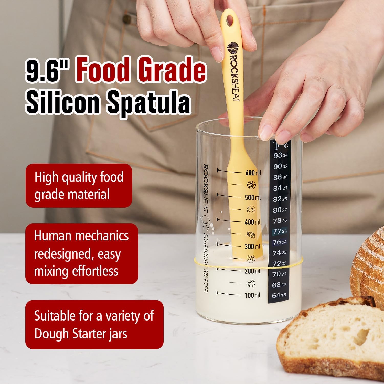 Sourdough Starter Jar Kit, 21 Oz/600 ml Sourdough Starter Kit with Thermometer, Silicone Spatula, Feeding Bands & Stainless Steel Lid, Wide Mouth Sourdough Jar for Bread Baking Supplies
