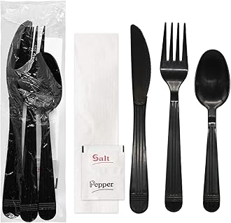 Party Essentials Individually Wrapped Plastic Cutlery Packets/Heavy Duty Silverware Kits, Fork/Spoon/Knife/Napkin/Salt/Pepper, 50 Utensils Sets, Black
