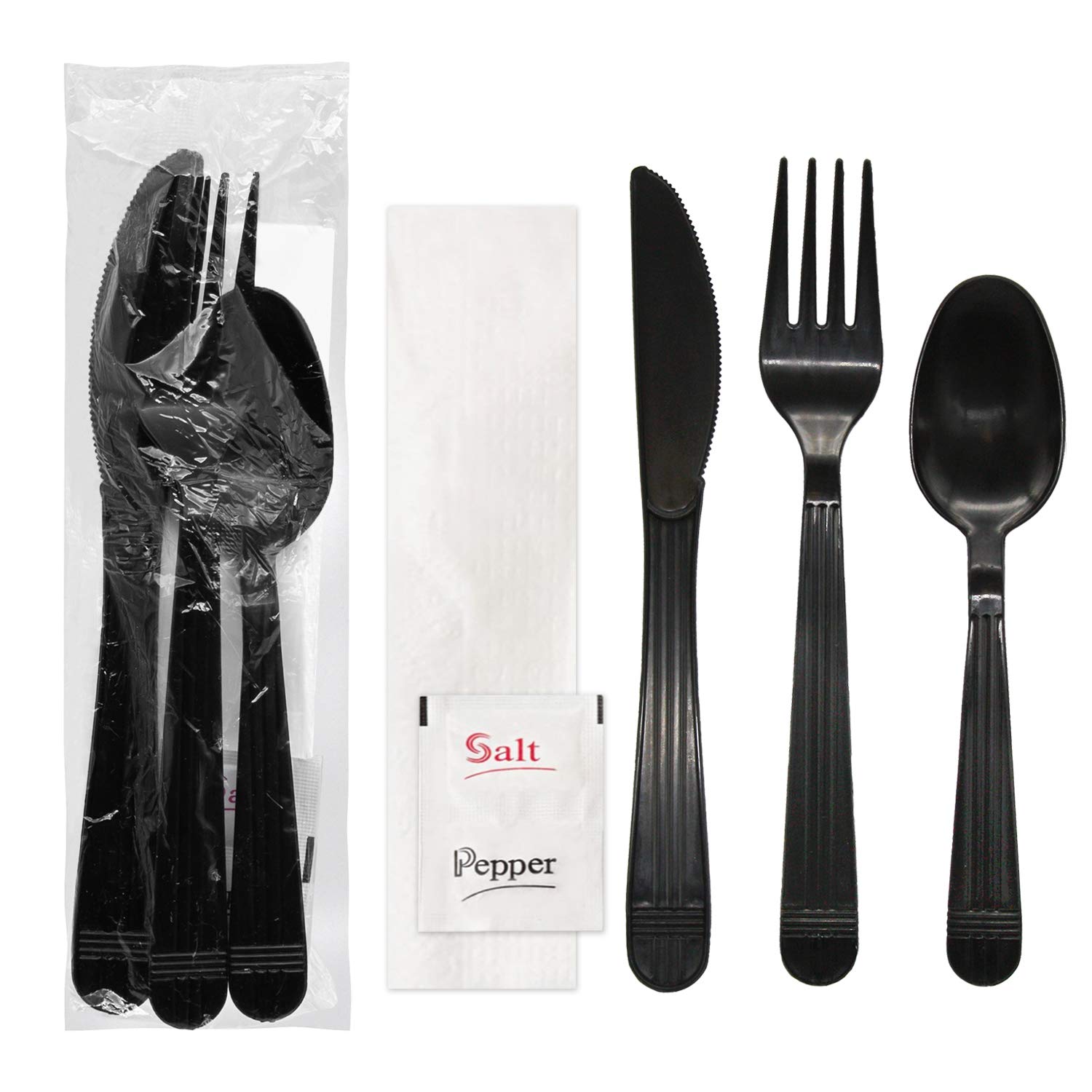 Party Essentials Individually Wrapped Plastic Cutlery Kits/Packets, Includes Heavy Duty Black Fork/Spoon/Knife/Napkin/Salt/Pepper, 250 Sets