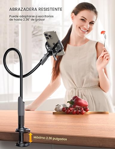 Miniatura 4 de Lamicall Soporte para teléfono con cuello de cisne para cama, clip de abrazadera de montaje para teléfono celular, brazo largo flexible, montaje