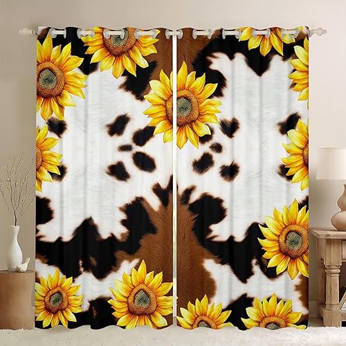 Cortinas de ventana con estampado de vaca, decoración de dormitorio, color blanco, marrón, negro, girasol, 42 x 63 pulgadas, lavables a máquina,