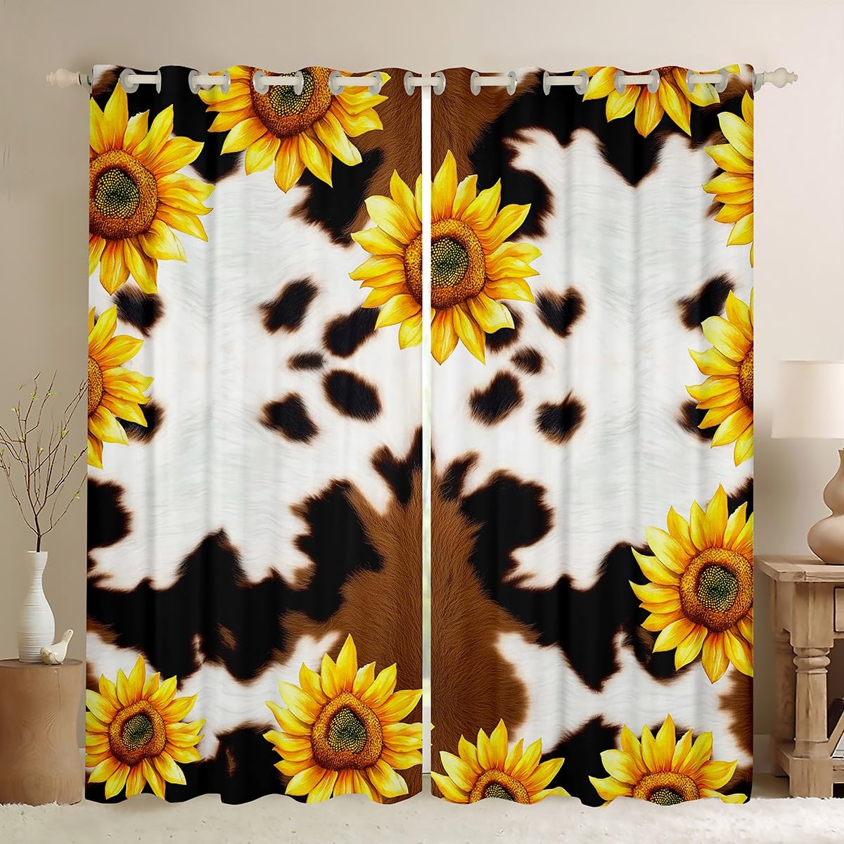 Erosebridal Cow Print 111 Bedroom Decor,White Brown Black Cowhide Sunflower Window Curtains 42x63,Women Yellow Flora Highland Cow Fur Window