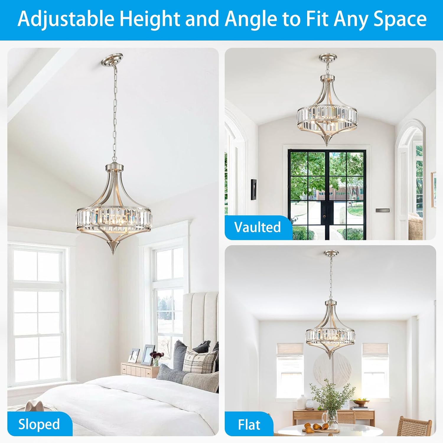 XINGQI Round Crystal Chandeliers for Dining Room Modern 4-Light Rustic Farmhouse Light Fixture Brushed Nickel Pendant Lighting for Living Room Kitchen Island Bedroom