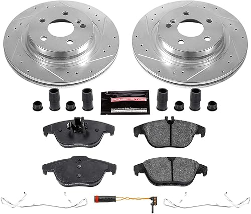 Miniatura 3 de Power Stop K5626 Pastillas de freno traseras Z23 de fibra de carbono con kit de rotores de freno perforados y ranurados y 1 cable de sensor trasero