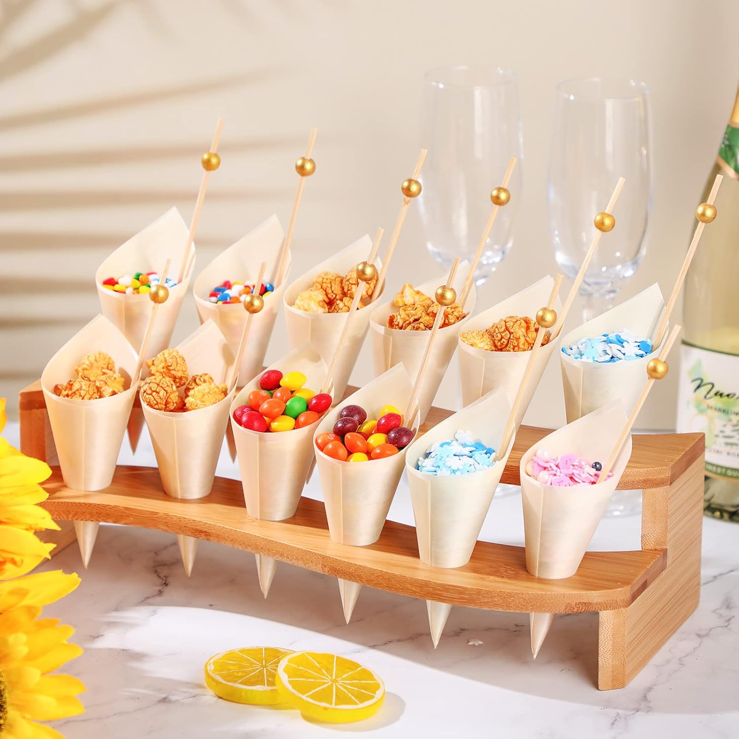 Queekay Food Cones 100 Pcs Disposable Paper Cone for Food with 12 Holes Wood Ice Cream Cone Holder Stand Charcuterie Cones Holder 100 Fancy Toothpicks for Catered Events Buffets Parties(Curved)