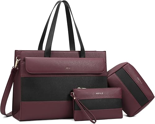 Vista 8 de Keyli 3 unids bolsa para laptop para mujer, 15.6 pulgadas, cuero trabajo, trabajo, oficina, oficina, maletín de hombro 3 piezas-negro,3