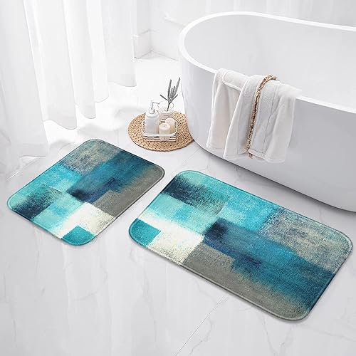 Miniatura 8 de Britimes Juego de 2 tapetes de baño con diseño de concha de playa, diseño de madera azul bohemio, cubierta lavable, tapetes para decoración de baño,