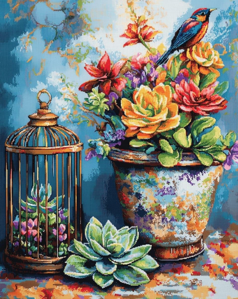 WallustrioaW 11CT Stamped Cross Stitch Kits,Succulents and birdcages,DIY Cross Stitch Ornament for Adults Beginners,Embroidery Kits Home Decor,40x50cm