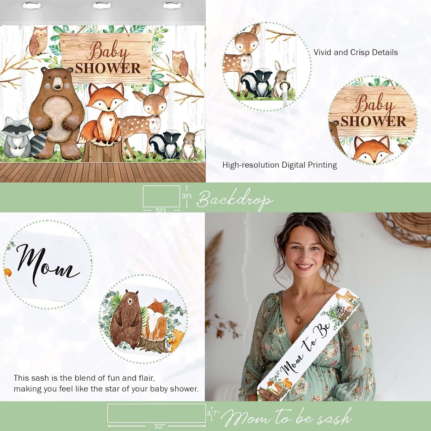 Hombae Woodland Baby Shower Decorations, Forest Neutral Baby Shower Party Decorations, Safari Animal Backdrop Balloons Banner Box Leaves Cake Topper Sash for Gender Reveal Party Supplies