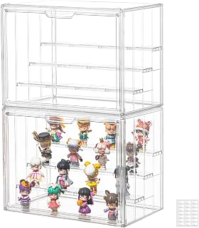SANKEU 4-Tier Clear Acrylic Display Case for Collectibles - Stackable with 3 Movable Dividers & Magnetic Door (Large 2-Pack)