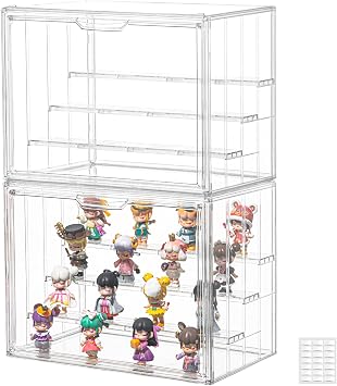 Clear Acrylic Display Case Upgrade 4 Tier Figure Display Case with 3 Movable Dividers, Stackable Display Box Showcase with Magnetic Door for Collectibles Large-2pack