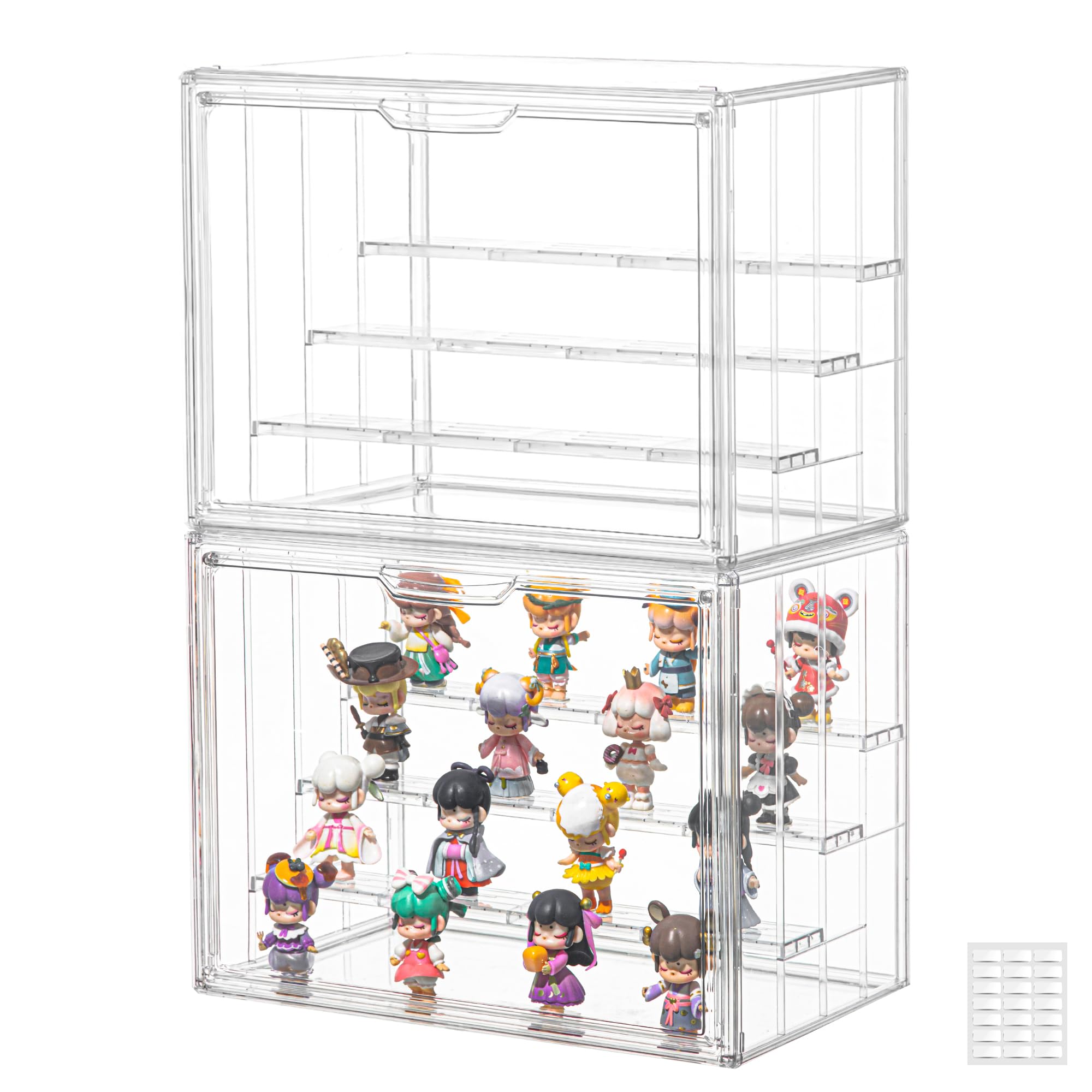 Clear Acrylic Display Case Upgrade 4 Tier Figure Display Case with 3 Movable Plates, Stackable Display Box Showcase with Magnetic Door for Collectibles (Large-2pack)