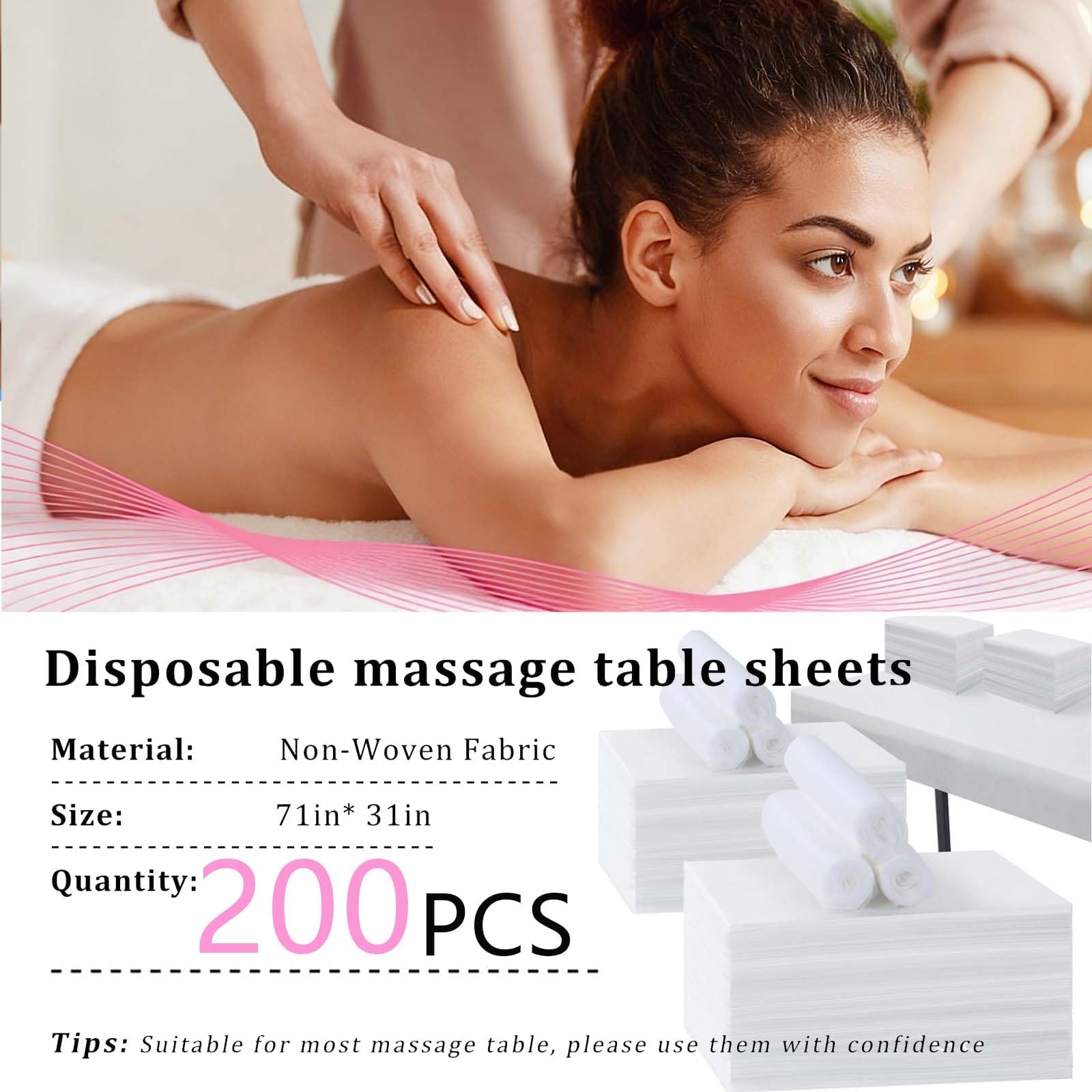 Juego de 200 sábanas desechables para masajes, de tela suave no tejida, para mesa de masaje, edredones protectores para salón de belleza, spa, masajes, hoteles, esteticistas, 180 x 80 cm (blanco)