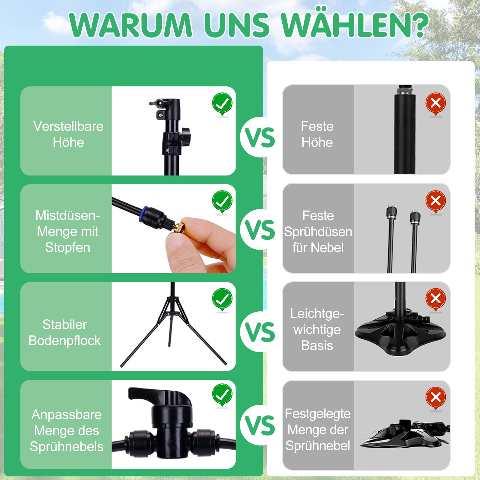 Stehend Sprühnebel Kühlung Bewässerungssystem, Einstellbare Höhe Tragbarer Dreieckiger Wassernebel mit 8m Schlauch, 360° Nebel Kühlsystem für Terrasse, Draußen, Pool, Garten, Sonnenstudio