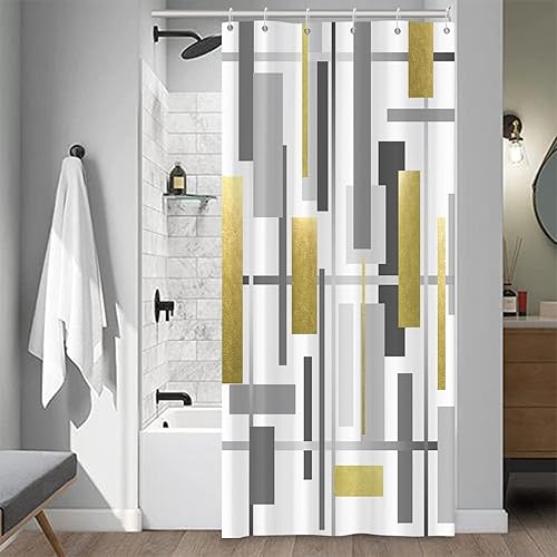 Miniatura 21 de Cortina de ducha de mediados de siglo, moderna abstracta con patrón geométrico atómico de explosión de estrellas para los años 50, accesorios de