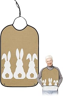 Kewadony Adult Bibs for Elderly Women - Easter Waterproof Dining Clothing Protectors with Crumb Catcher for Eating/Feeding, Spring Bunny White Silhouette Brown Burlap Texture Terry Cloth Bib Washable