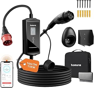 tomons Mobile Wallbox 11kw mit APP,Typ 2 Ladekabel 7M,3-Phasen 6-16A 400V CEE Stecker,2,4" LCD, IP65, Einstellbarer Ladeleistung&startzeit,für e Auto ID.3/4/5/7,Model Y/3,ENYAQ und Anderen PHEV/EV