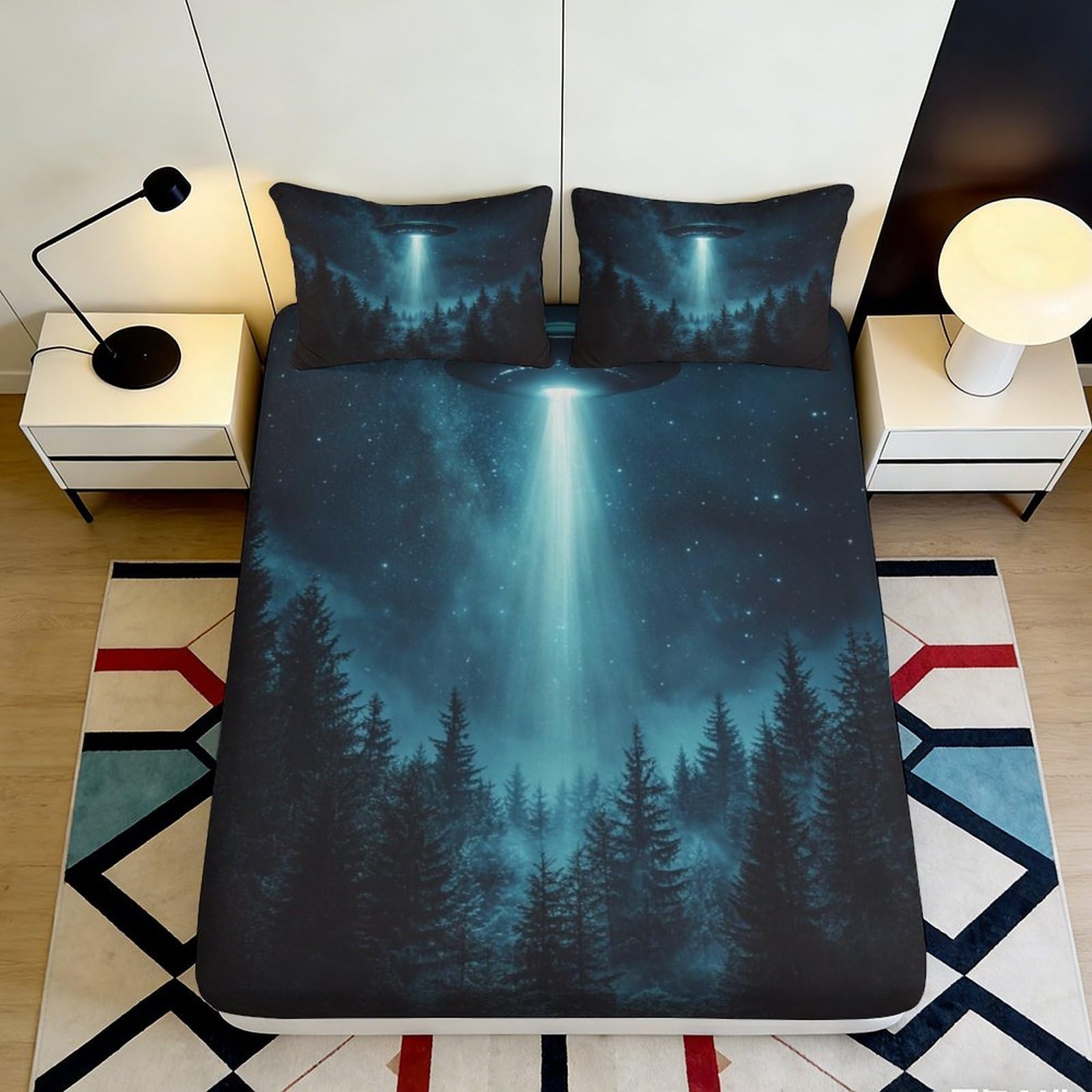 Uxinyoume Style-6 3D Printed Northern Forest Fitted Sheet Microfiber Navy Blue Night Sky Mattress Cover For Bedroom Dorm Decor 90X200x25cm