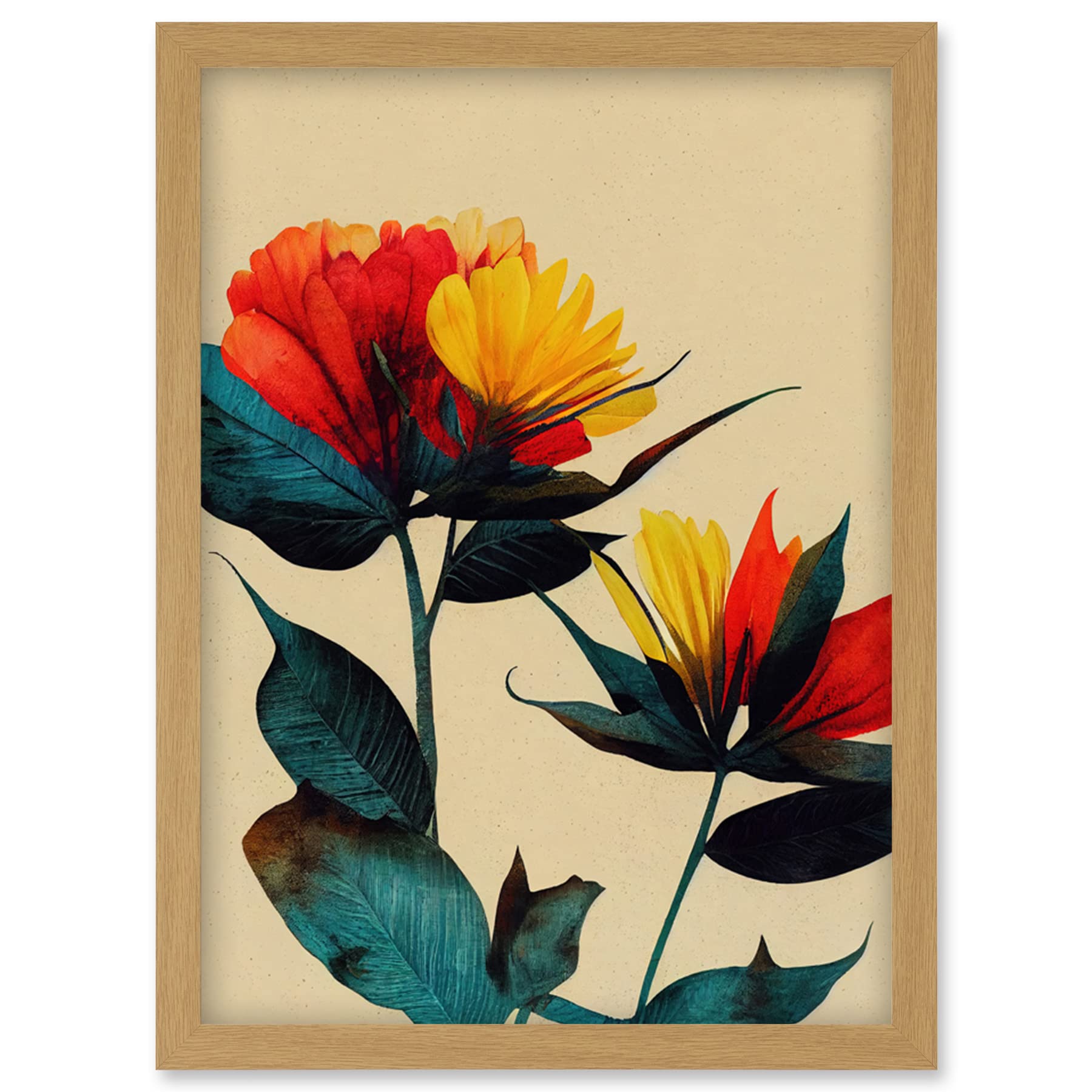 Wee Blue Coo Botanical Bold Flowering Yellow Red Teal Artwork Framed Wall Art Print A4