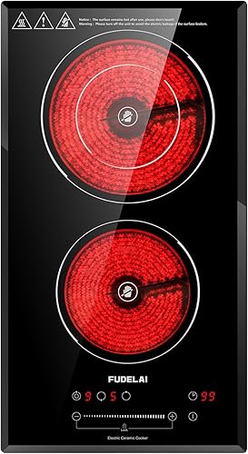 Placa eléctrica de 2 quemadores, placa de cerámica de 3200 W 240 V con 9 niveles de potencia, control táctil, bloqueo de seguridad automático,