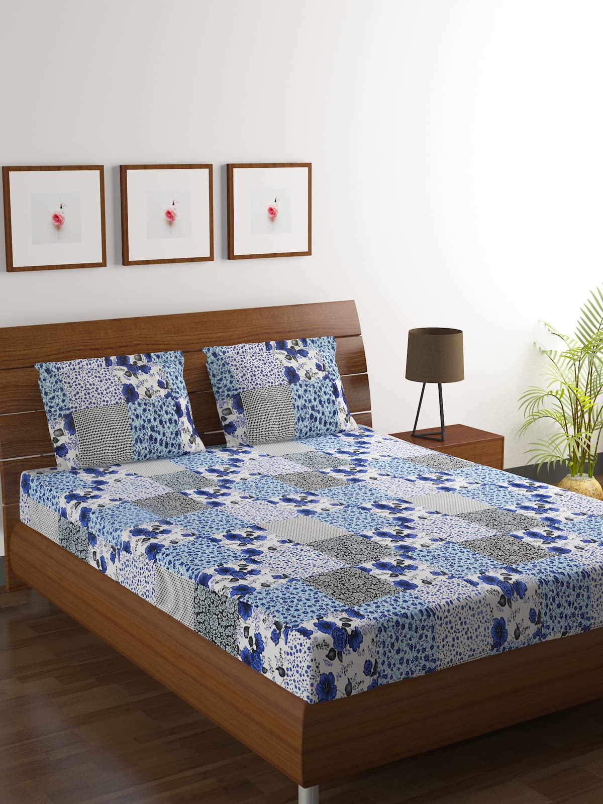 HOMETALES Microfiber Floral Printed Double Bed Sheet with 2 Pillow Covers -Blue