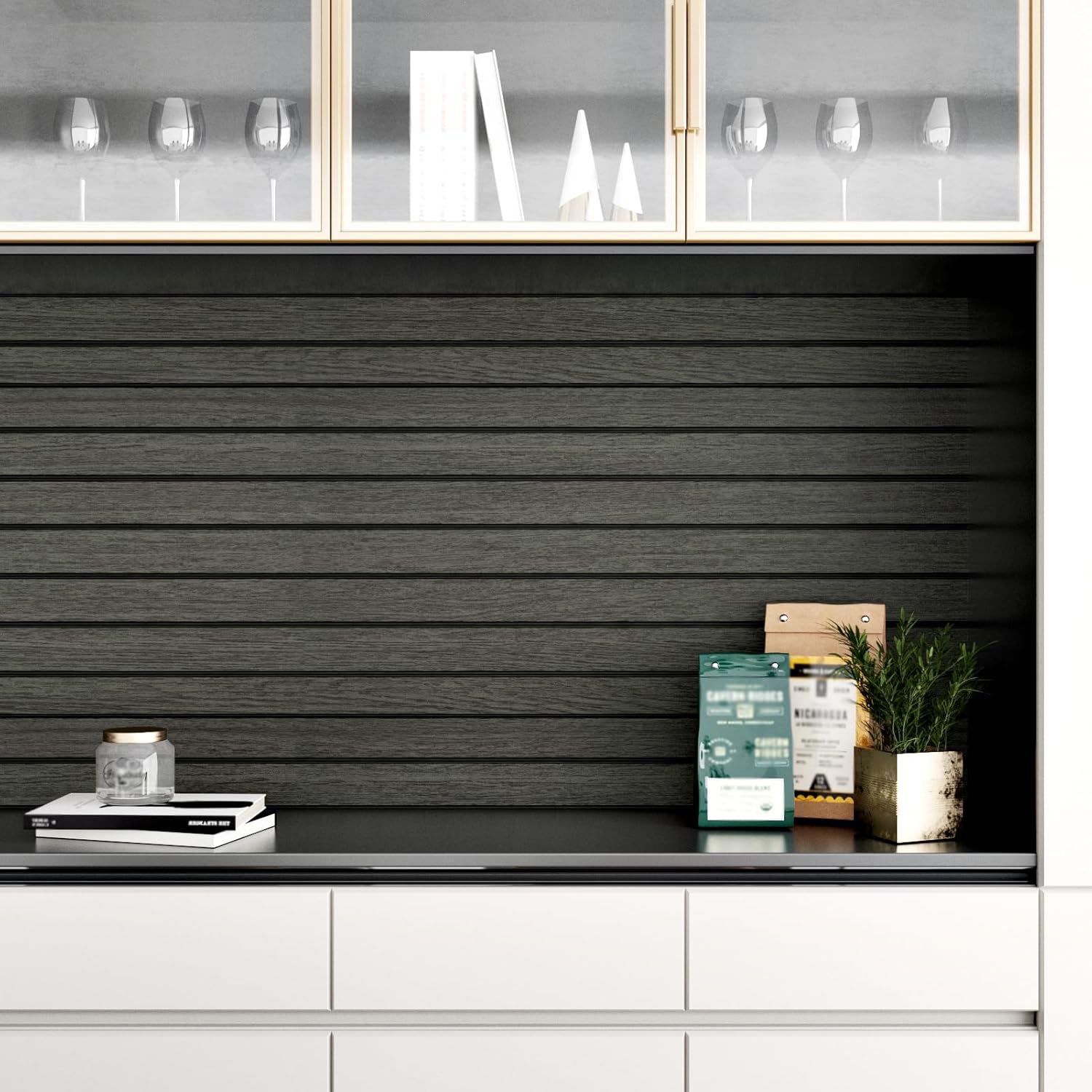 Wallercity Black/Grey Peel and Stick Wood Panels Removable 3D Wood Grain Slat Soundproof Wall Panel for Walls Self Adhesive Vinyl Wooden Fluted Wall Panels for Bedroom Bathroom RV Basement 11.7"x197"