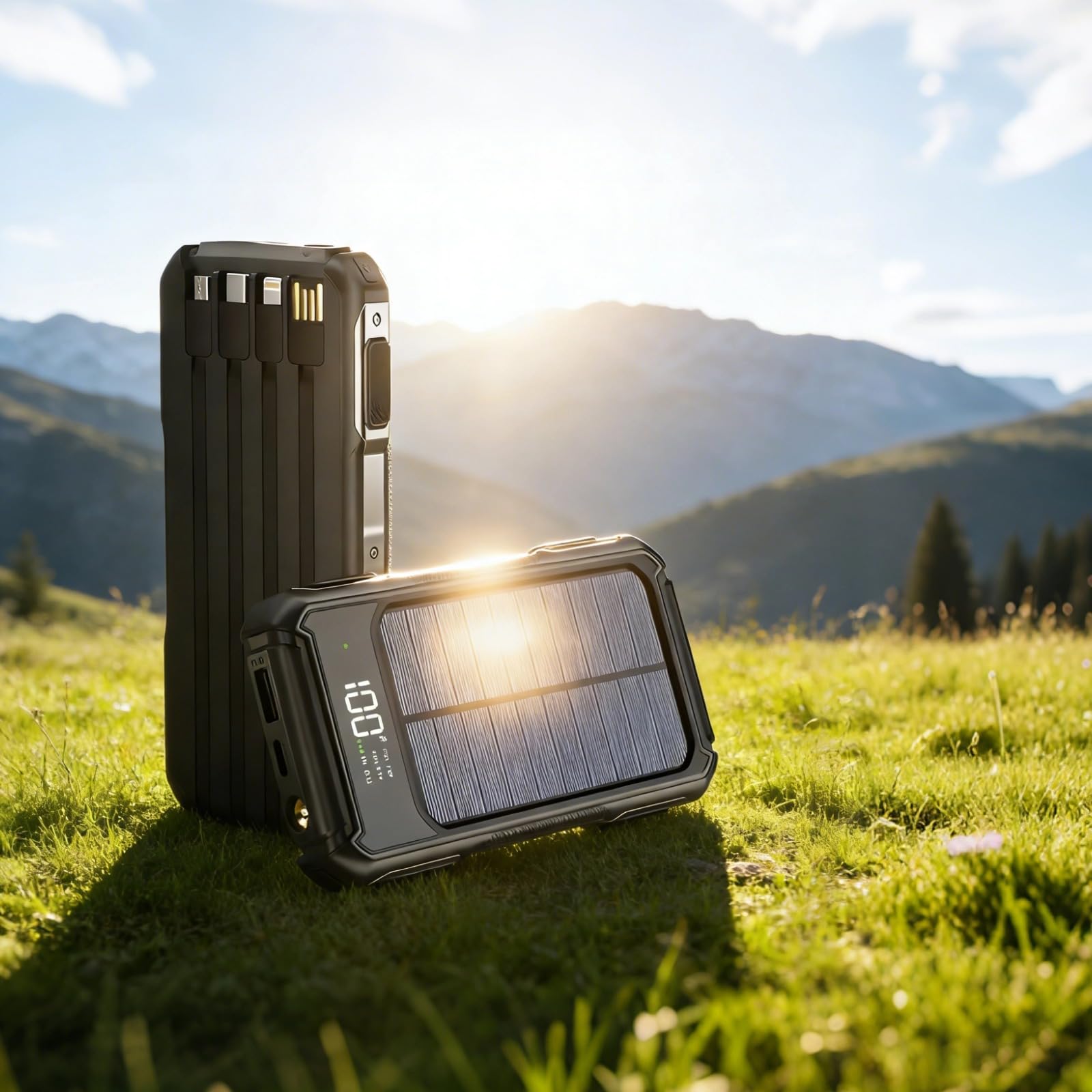 Banca di energia solare da 20000 mAh con cavi integrati, caricatore portatile con display a LED e torcia, batteria esterna a ricarica rapida per campeggio all'aperto, 14,9 x 7,3 x 2 cm