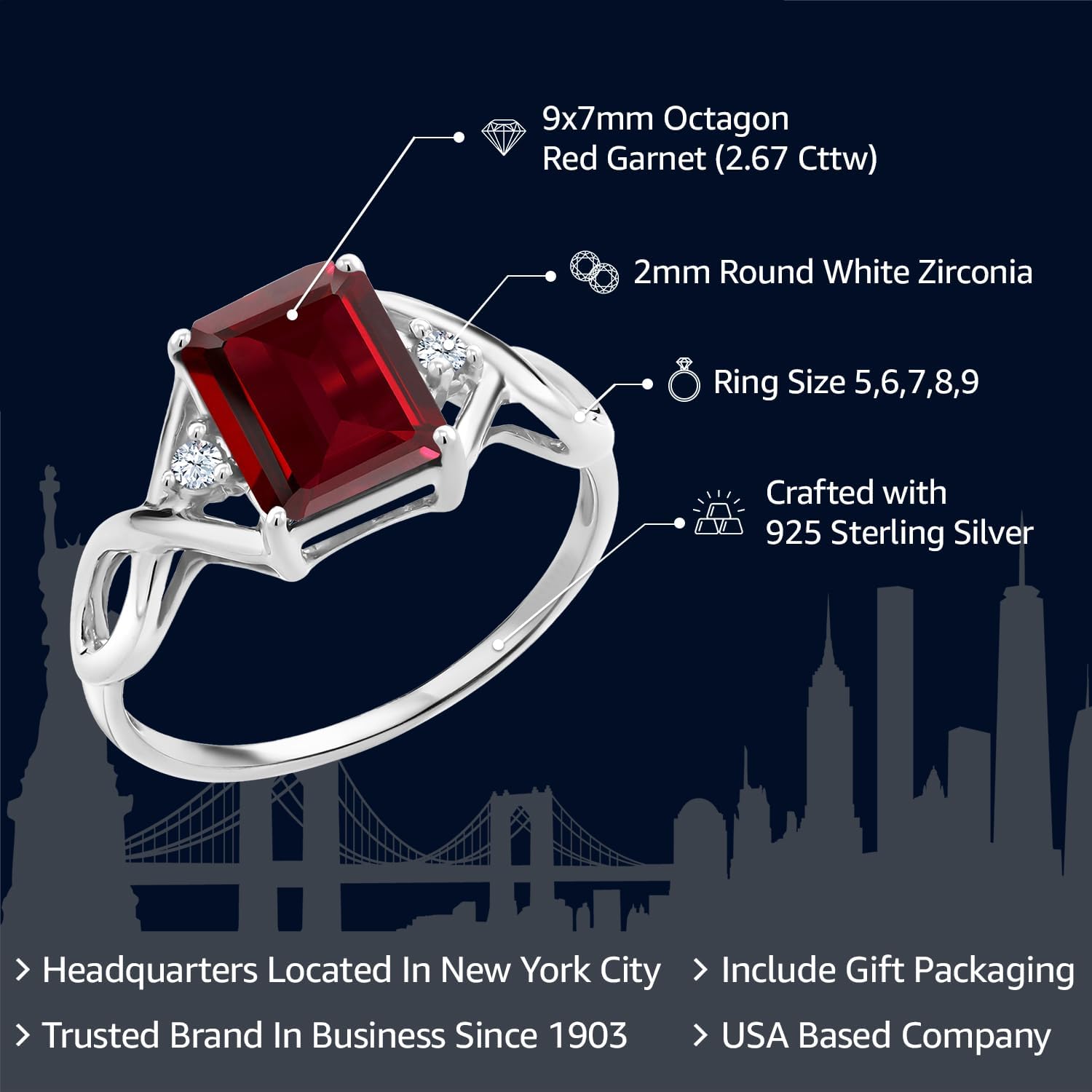 Gem Stone King 2.67 Cttw Red Garnet 3-Stone Ring For Women | 925 Sterling Silver | Emerald Cut 9X7MM | Gemstone Birthstone | Wedding Engagement Anniversary Promise Ring For Women