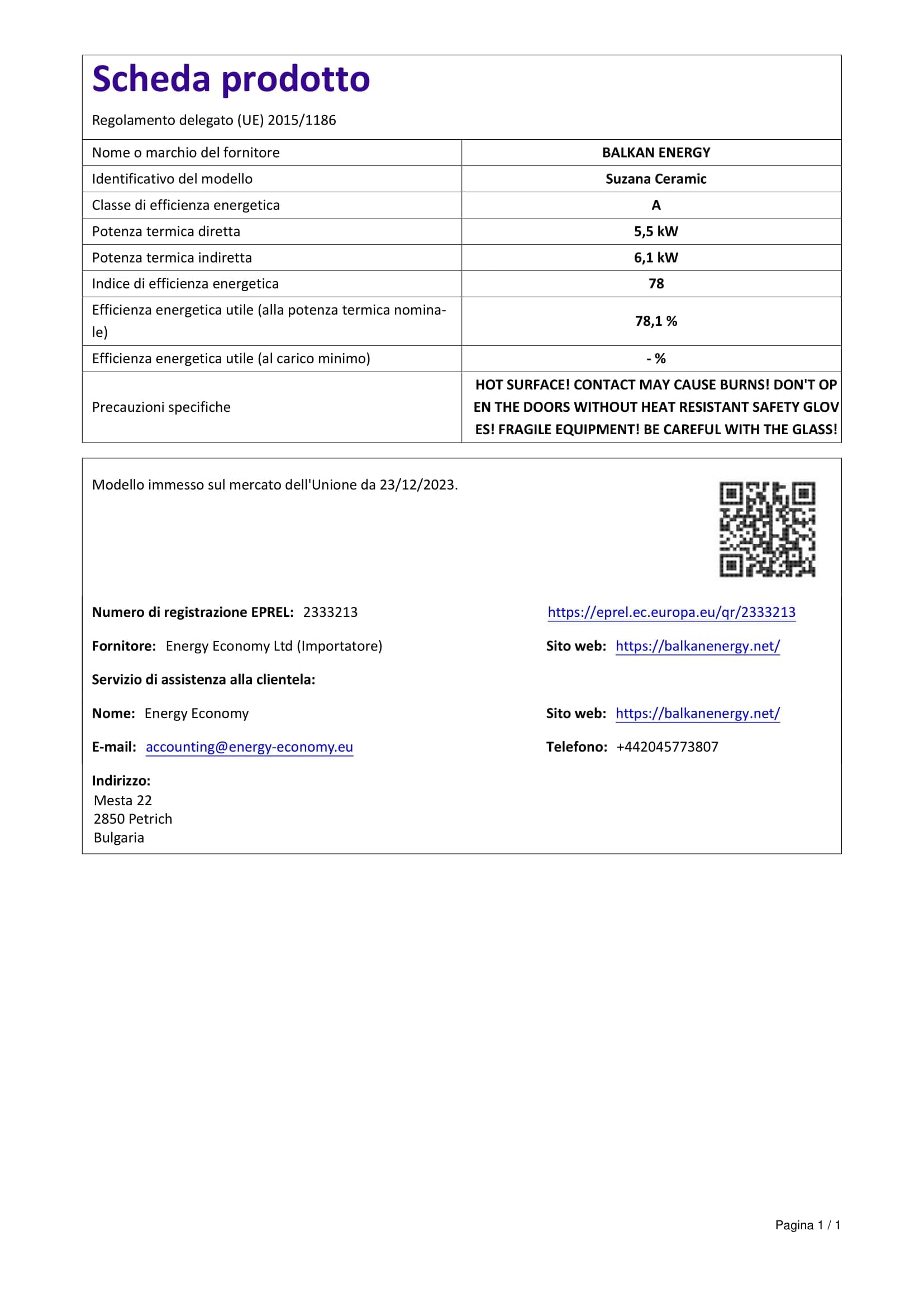 Termostufa a Legna con Forno BALKAN ENERGY Suzana Ceramic 11.6kW-17.5kW