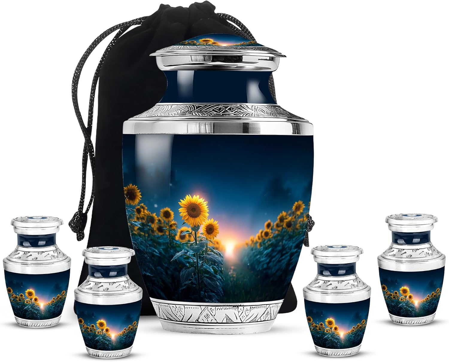 Funeral Urns for Ashes Sunflowers - Cremation Urns for Women & Men - Blue Decorative Urn for Ashes Adult Male - Sunset Keepsake for Female - Large Ash Holder Mom -10 Inch & 3 Inch, Combo of 5