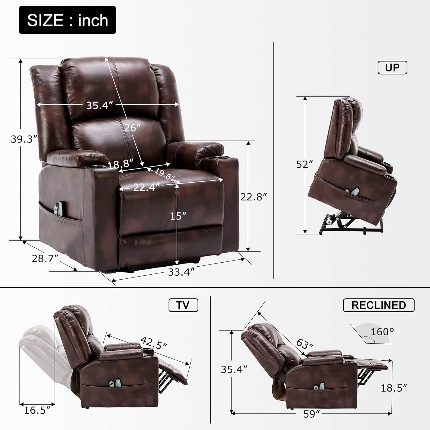 COMHOMA Sillón Reclinable Eléctrico Función de Elevación, Masaje y Diseño Ergonómico – Silla para Personas Mayores de Cuero PU con Respaldo y Reposapiés Ajustables, Marrón